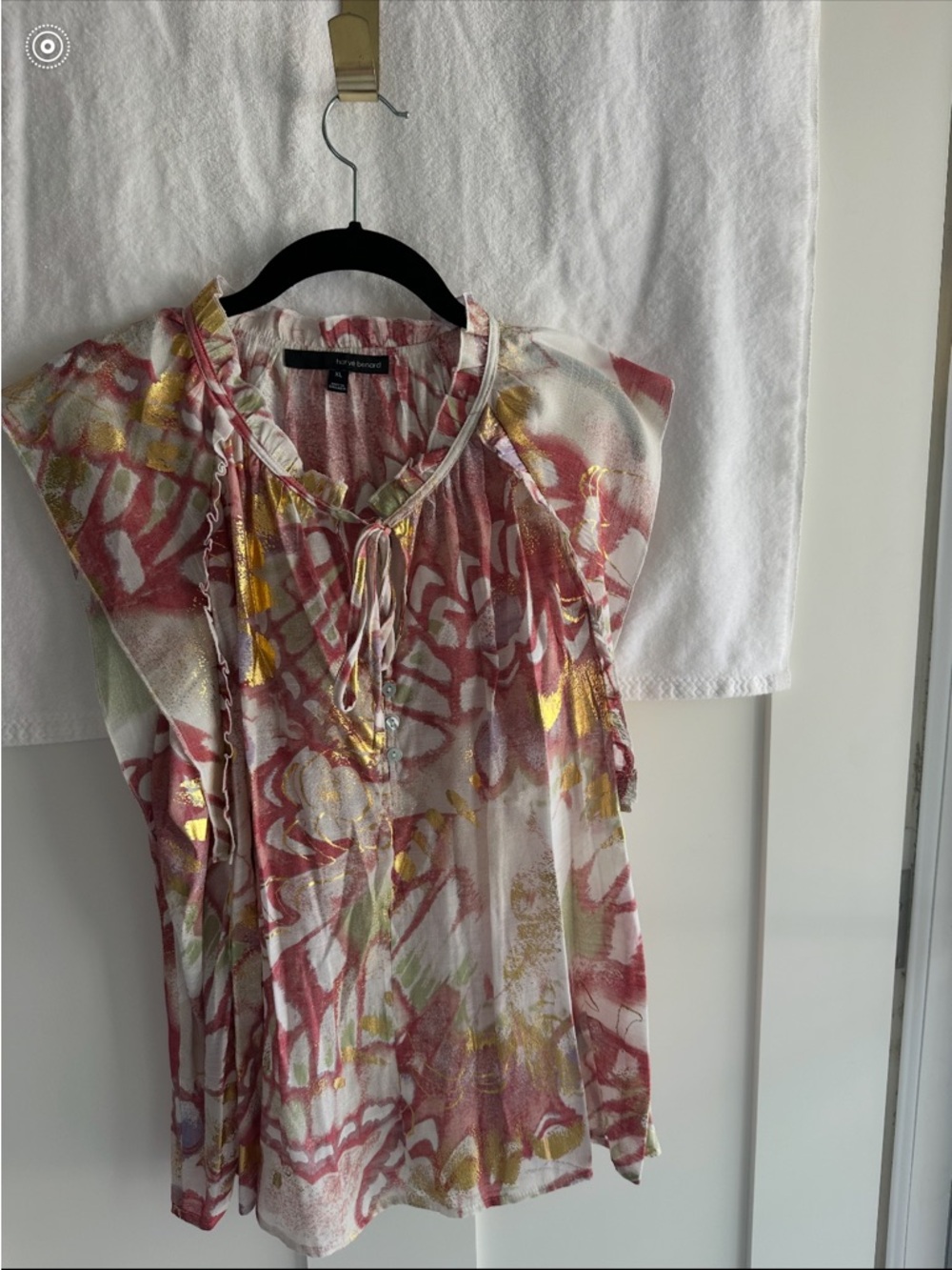 Harve Benard coral and Gold Floral Tie-Neck Blouse